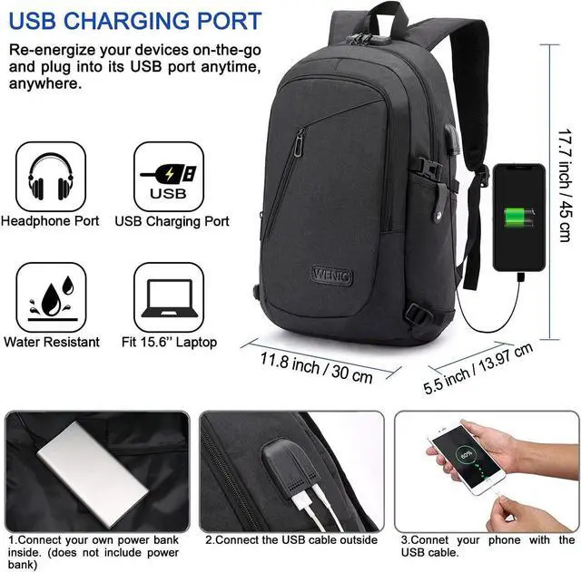 Alt view image 2 of 6 - WENIG Anti-Theft Travel Laptop Backpack with USB Charging Port Lock,Water Resistant Slim Work Computer Bag for Men College Bookbags Fits 15.6 Inch Laptop