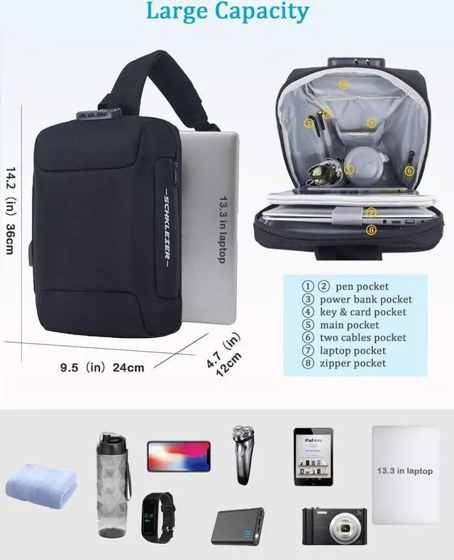 Alt view image 2 of 7 - Schkleier Sling Bag USB Anti-theft Laptop Backpack, 13.3 Inch Casual Chest Shoulder Daypack for Men and Women