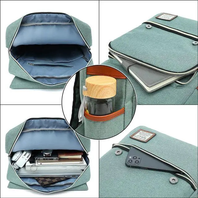 Alt view image 3 of 7 - UGRACE Vintage Laptop Backpack with USB Charging Port, Water Resistant Travelling Backpacks College Bag for Men Women, Fits up to 15.6Inch Laptop in Green