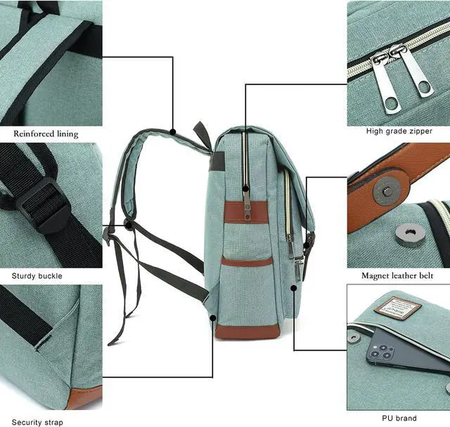 Alt view image 5 of 7 - UGRACE Vintage Laptop Backpack with USB Charging Port, Water Resistant Travelling Backpacks College Bag for Men Women, Fits up to 15.6Inch Laptop in Green