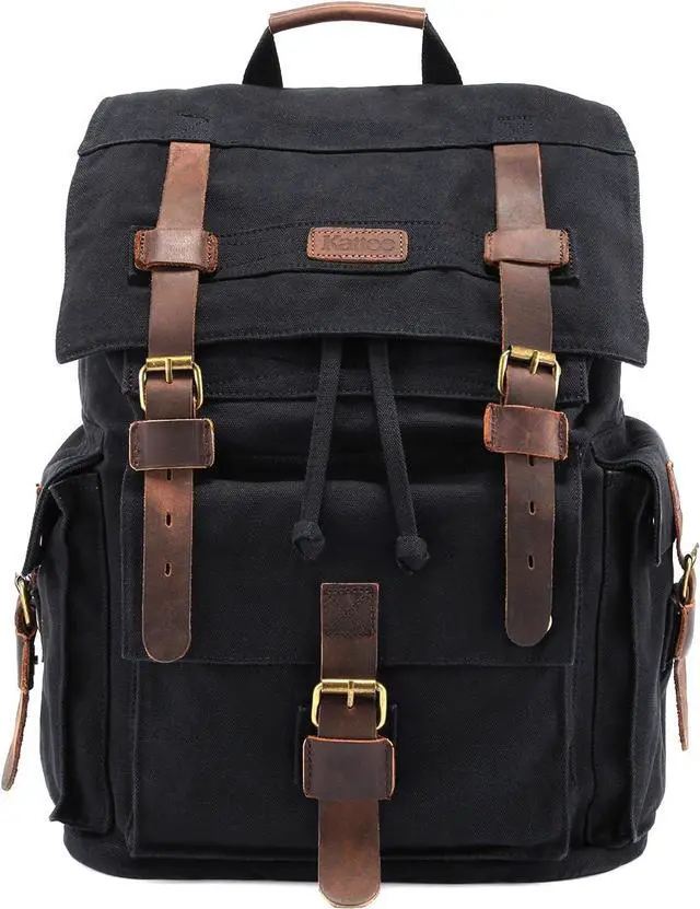 Main image of Kattee Mens Leather Canvas Backpack Large School Bag Travel Rucksack Black
