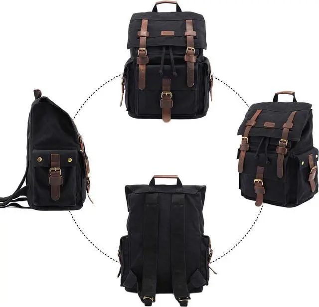 Alt view image 7 of 7 - Kattee Mens Leather Canvas Backpack Large School Bag Travel Rucksack Black