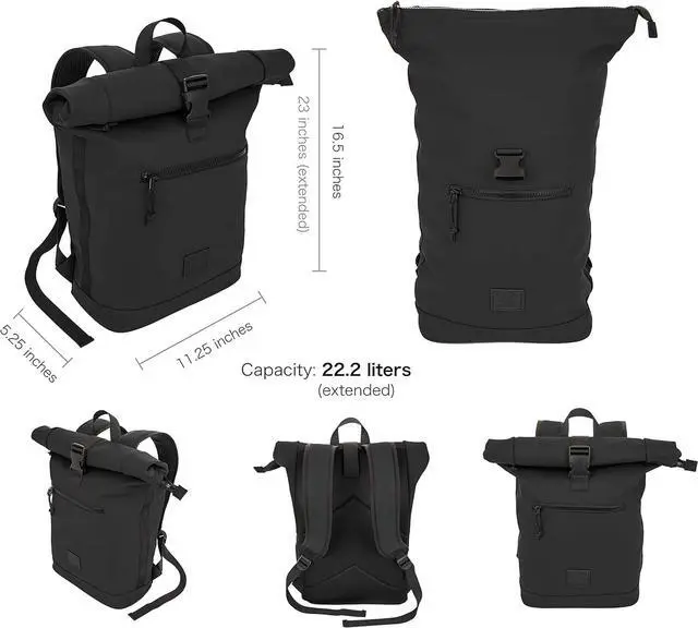 Alt view image 2 of 7 - X RAY Roll Top Laptop Backpack for Men Women, PU Leather Expandable Roll Up Backpack Capacity Adjustable 22L & Fits 15.6" Laptop, Black