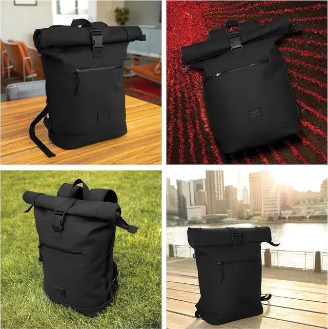 Alt view image 3 of 7 - X RAY Roll Top Laptop Backpack for Men Women, PU Leather Expandable Roll Up Backpack Capacity Adjustable 22L & Fits 15.6" Laptop, Black