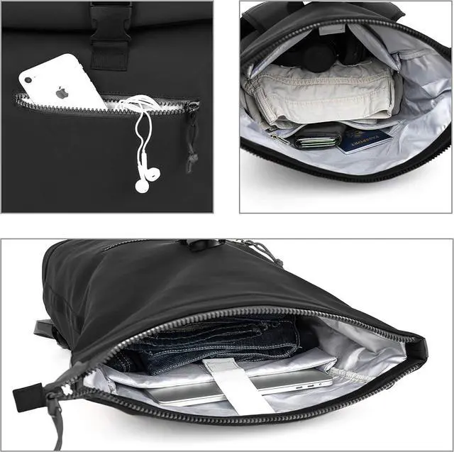 Alt view image 6 of 7 - X RAY Roll Top Laptop Backpack for Men Women, PU Leather Expandable Roll Up Backpack Capacity Adjustable 22L & Fits 15.6" Laptop, Black