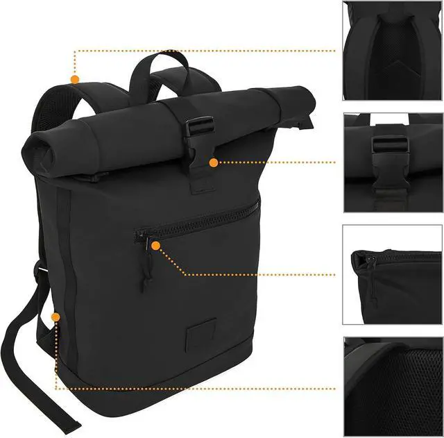 Alt view image 7 of 7 - X RAY Roll Top Laptop Backpack for Men Women, PU Leather Expandable Roll Up Backpack Capacity Adjustable 22L & Fits 15.6" Laptop, Black