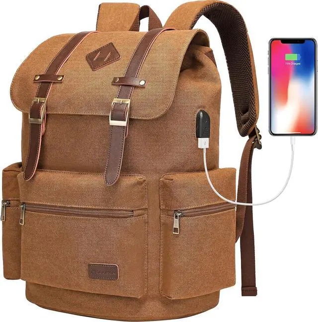 Main image of Modoker Mens Canvas Vintage Backpack for Men,Women, Travel Laptop Backpack Fits 17/15.6 Inch Computer & Tablet, Large Bookbag Rucksack Backpack with USB Charging Port, Brown