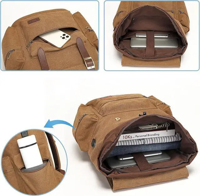 Alt view image 3 of 6 - Modoker Mens Canvas Vintage Backpack for Men,Women, Travel Laptop Backpack Fits 17/15.6 Inch Computer & Tablet, Large Bookbag Rucksack Backpack with USB Charging Port, Brown