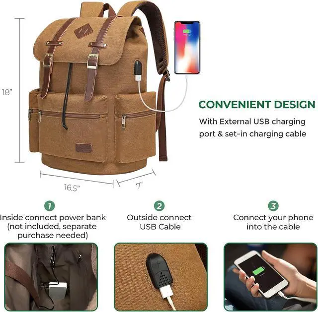 Alt view image 2 of 6 - Modoker Mens Canvas Vintage Backpack for Men,Women, Travel Laptop Backpack Fits 17/15.6 Inch Computer & Tablet, Large Bookbag Rucksack Backpack with USB Charging Port, Brown