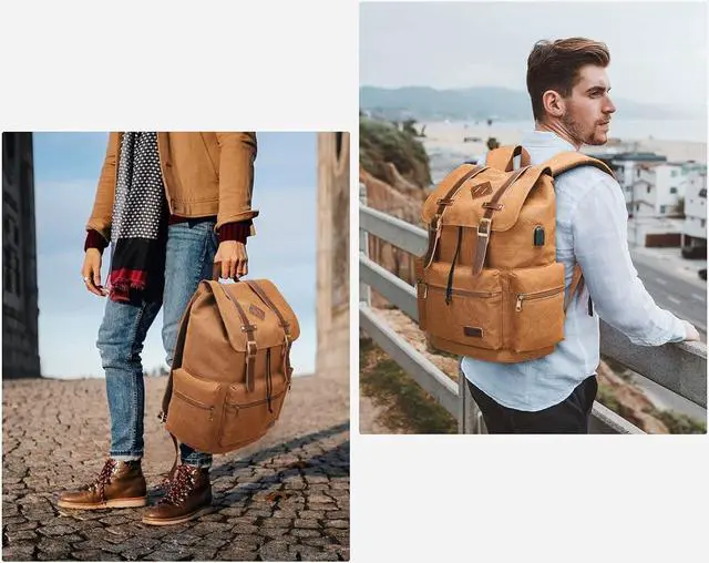Alt view image 6 of 6 - Modoker Mens Canvas Vintage Backpack for Men,Women, Travel Laptop Backpack Fits 17/15.6 Inch Computer & Tablet, Large Bookbag Rucksack Backpack with USB Charging Port, Brown