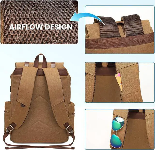 Alt view image 5 of 6 - Modoker Mens Canvas Vintage Backpack for Men,Women, Travel Laptop Backpack Fits 17/15.6 Inch Computer & Tablet, Large Bookbag Rucksack Backpack with USB Charging Port, Brown