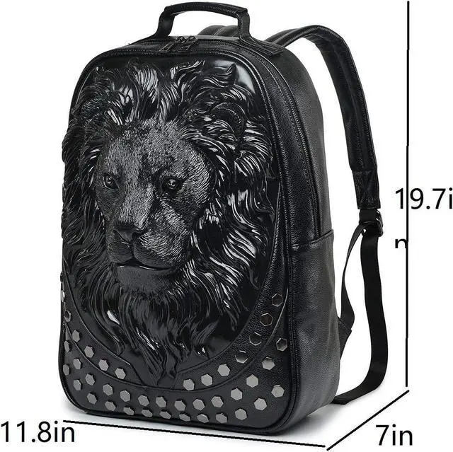 Alt view image 2 of 6 - 3D Lion Leather Laptop Backpack Black | Large 19.7*11.8*5.1 Inch, Unique Designer Fashion, Travel, Rivet Punk