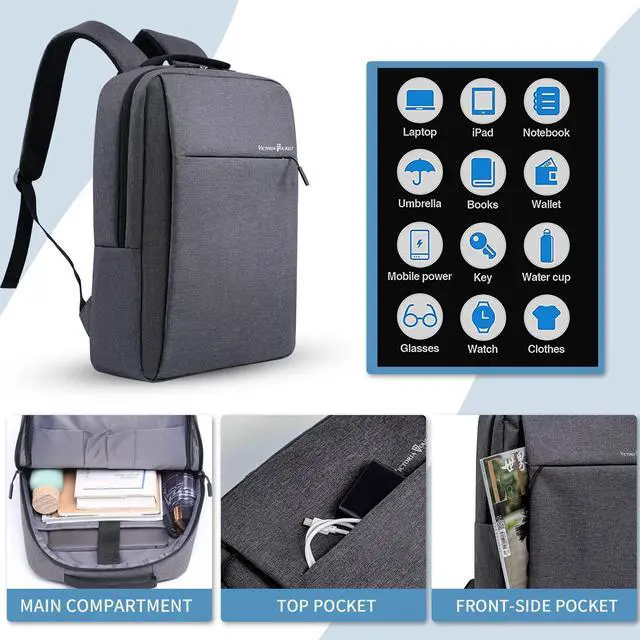 Alt view image 4 of 6 - Laptop Backpack 15.6 Inch Business Slim Durable Travel Backpacks with USB Charging Port College Computer Bag Gifts for Men and Women Fits Notebook (Grey)