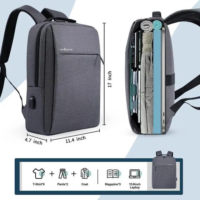 Alt view image 5 of 6 - Laptop Backpack 15.6 Inch Business Slim Durable Travel Backpacks with USB Charging Port College Computer Bag Gifts for Men and Women Fits Notebook (Grey)