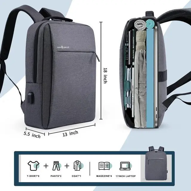 Alt view image 2 of 7 - Laptop Backpack 17 Inch, Business Slim Durable Laptops Travel Backpacks with USB Charging Port, College Backpacks Computer Bag Gifts for Men and Women Fits Notebook (Grey)