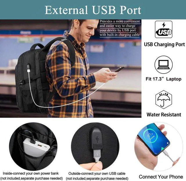 Alt view image 3 of 7 - Extra Large Backpack for Men 50L,Water Resistant 17.3 inch Travel Laptop Backpack with USB Charging Port,TSA Friendly Big Business Anti Theft Computer Bag Work College School Bookbags Gifts,Black