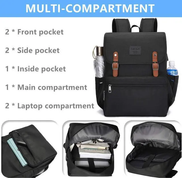 Alt view image 2 of 6 - HFSX Laptop Backpack Men Women Vintage Backpack Bookbag College Backpacks Stylish Backpack Black Fits 15.6 Inch Laptop