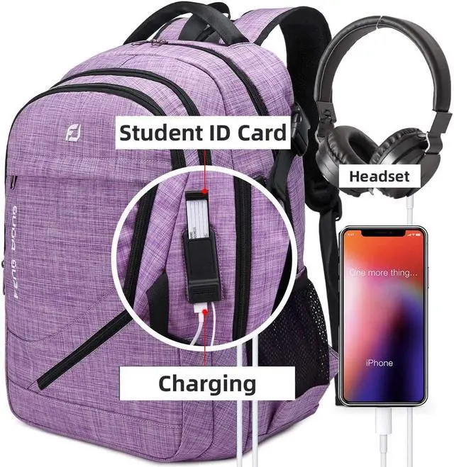 Alt view image 5 of 5 - FENGDONG Large Laptop Backpack 17.3 inch Durable Waterproof Travel College Backpack Bookbag for Men & Women Business Backpack with USB Charging Port and Headset Port Light Purple