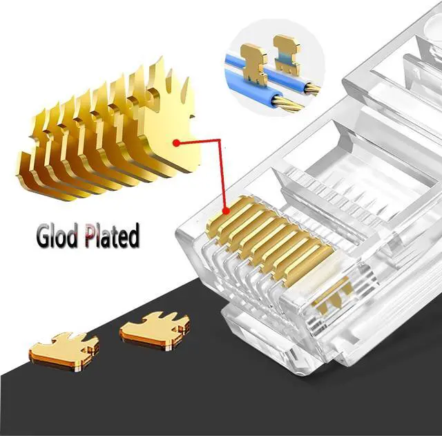 Alt view image 2 of 6 - RJ45 Cat6 Cat5e Pass Through Connectors 100 Packs Gold Plated 3 Prong 8P8C Modular Ethernet UTP Network Cable Plug for Unshielded Twisted Pair Solid Wire & Standard Cables