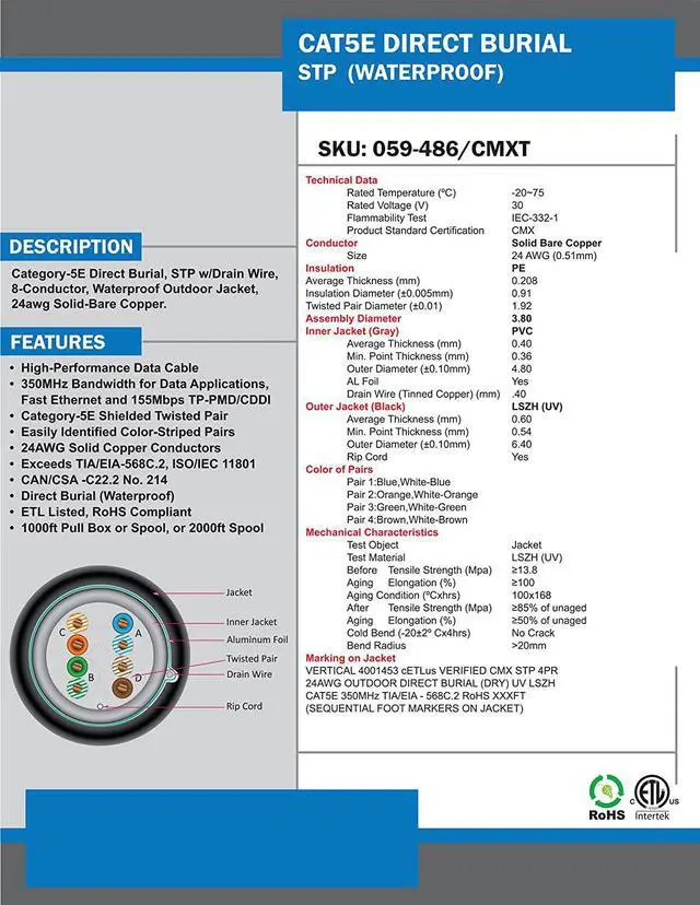 Alt view image 3 of 4 - Vertical Cable CAT5E, Shielded Dual Jacket, Direct Burial, 1000ft, Black, Bulk Ethernet Cable