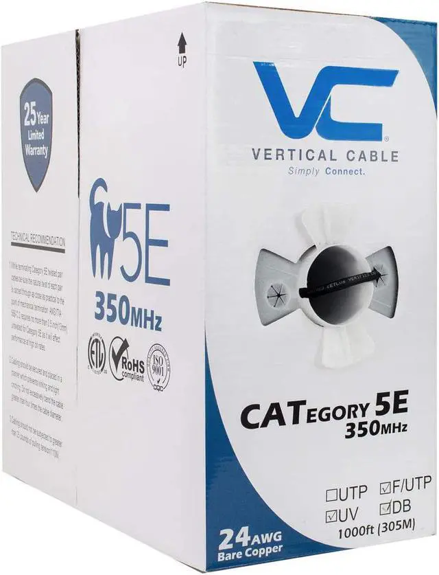 Main image of Vertical Cable CAT5E, Shielded Dual Jacket, Direct Burial, 1000ft, Black, Bulk Ethernet Cable