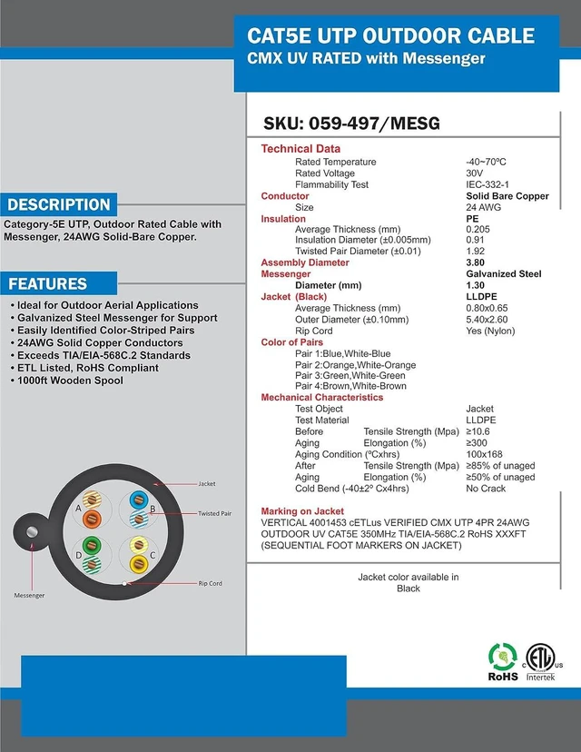 Alt view image 3 of 4 - Vertical Cable Cat5e, 350 Mhz, UTP, UV Jacket, Outdoor, CMX, Messenger, 1000ft, Black, Bulk Ethernet Cable, Wooden Spool