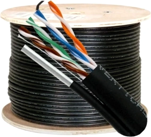 Main image of Vertical Cable Cat5e, 350 Mhz, UTP, UV Jacket, Outdoor, CMX, Messenger, 1000ft, Black, Bulk Ethernet Cable, Wooden Spool