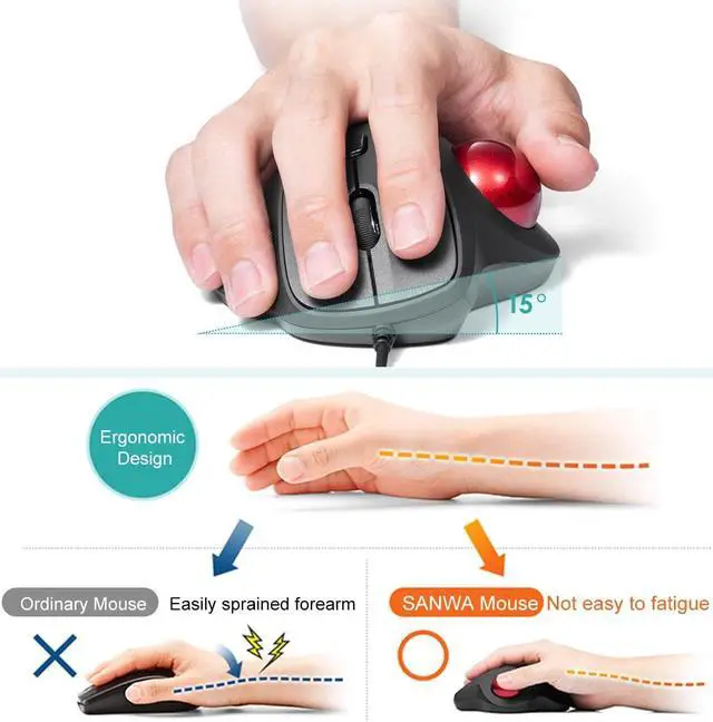 Alt view image 5 of 7 - SANWA Wired Ergonomic Trackball Mouse, Optical Vertical Rollerball Mice, Silent Buttons, 34mm Trackball, 600/800/1200/1600 Adjustable DPI, Compatible with MacBook, Laptop, Computer, Windows, macOS
