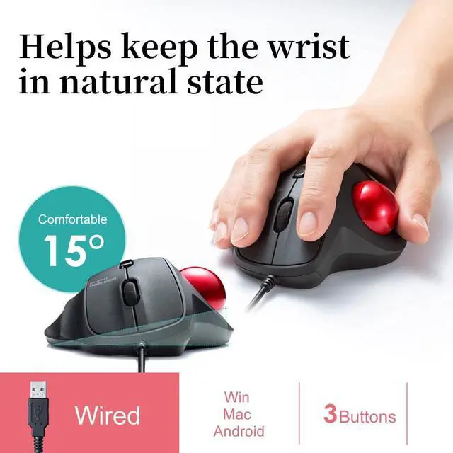 Alt view image 4 of 7 - SANWA Wired Ergonomic Trackball Mouse, Optical Vertical Rollerball Mice, Silent Buttons, 34mm Trackball, 600/800/1200/1600 Adjustable DPI, Compatible with MacBook, Laptop, Computer, Windows, macOS