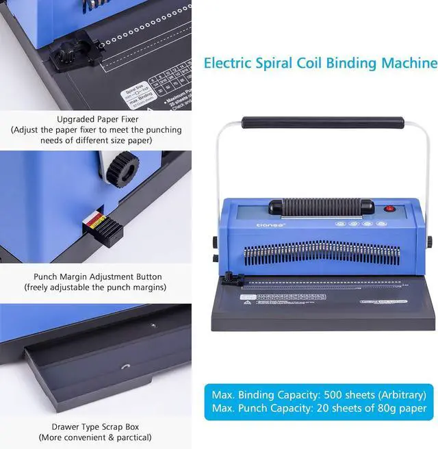 Alt view image 5 of 7 - Spiral Coil Binding Machine, Manual Book Maker Punch Binder with Electric Coil Inserter, Disengaging pins, Adjustable Side Margin, Comes with 100pcs 5/16'' Plastic Coil Binding Spines & Plier