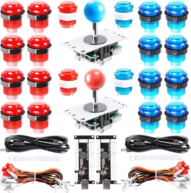 Main image of Arcade DIY Kit: 2x Zero Delay USB Encoder + 2x 8-Way Joystick + 20x LED Push Buttons for MAME/JAMMA Projects, Red & Blue
