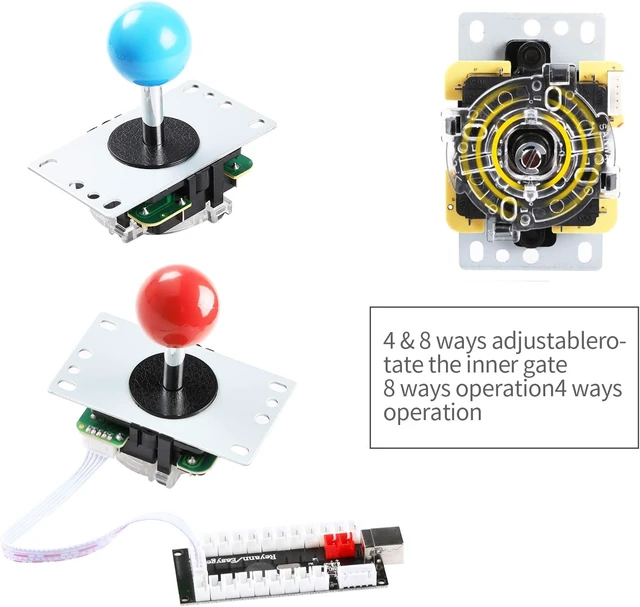 Alt view image 2 of 7 - Arcade DIY Kit: 2x Zero Delay USB Encoder + 2x 8-Way Joystick + 20x LED Push Buttons for MAME/JAMMA Projects, Red & Blue