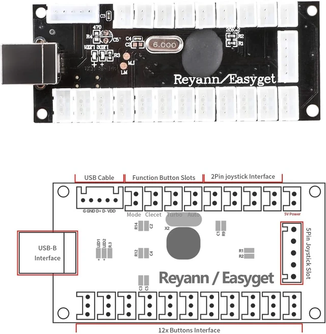 Alt view image 7 of 7 - Arcade DIY Kit: 2x Zero Delay USB Encoder + 2x 8-Way Joystick + 20x LED Push Buttons for MAME/JAMMA Projects, Red & Blue