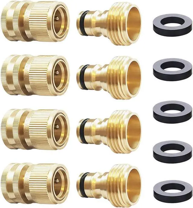 Main image of Garden Hose Quick Connect Solid Brass Hose Quick Fitting Easy For Garden Watering No-Leak 3/4 inch GHT (4 Sets)