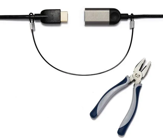 Main image of Heavy Duty Cable Lock: A Tamper-Resistant, Pre-Assembled Stainless Cable Tether Kit for Computers, Adapters & Dongles - Includes a Free Crimping Tool for Easy Installation (Black, 10 Pack)