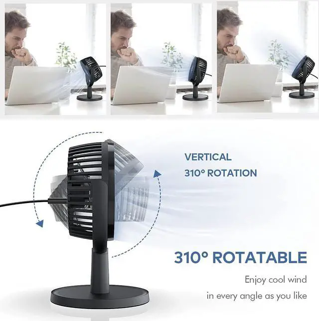 Alt view image 2 of 7 - Mini Desk Fan, USB Powered Desktop Fan with 4 Speeds, Small but Powerful Strong Airflow Work Quiet, 310° Adjustment, Portable Personal Air Circulator Fan for DesktopTable Office Bedroom-Black