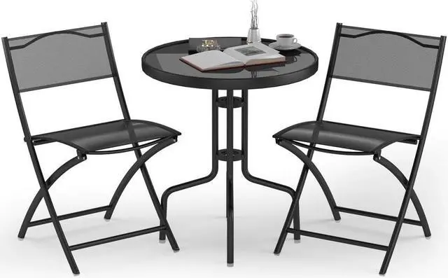 Main image of Giantex 3 Pcs Bistro Set Garden Backyard Round Table Folding Chairs, with Rust-Proof Steel Frames & Reinforced Glass Design Outdoor Patio Furniture, Black