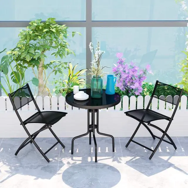 Alt view image 2 of 7 - Giantex 3 Pcs Bistro Set Garden Backyard Round Table Folding Chairs, with Rust-Proof Steel Frames & Reinforced Glass Design Outdoor Patio Furniture, Black