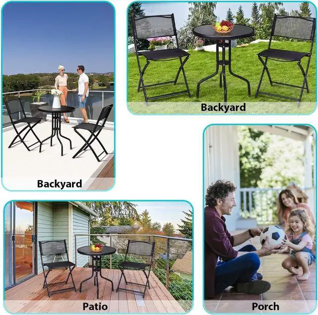 Alt view image 4 of 7 - Giantex 3 Pcs Bistro Set Garden Backyard Round Table Folding Chairs, with Rust-Proof Steel Frames & Reinforced Glass Design Outdoor Patio Furniture, Black