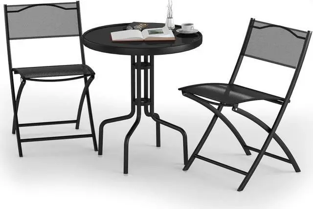 Alt view image 5 of 7 - Giantex 3 Pcs Bistro Set Garden Backyard Round Table Folding Chairs, with Rust-Proof Steel Frames & Reinforced Glass Design Outdoor Patio Furniture, Black