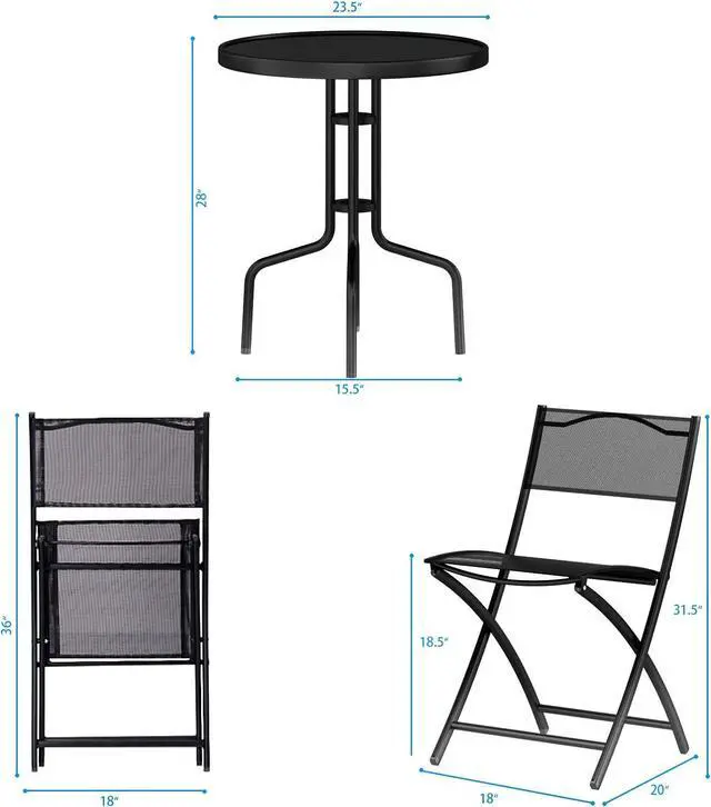 Alt view image 6 of 7 - Giantex 3 Pcs Bistro Set Garden Backyard Round Table Folding Chairs, with Rust-Proof Steel Frames & Reinforced Glass Design Outdoor Patio Furniture, Black