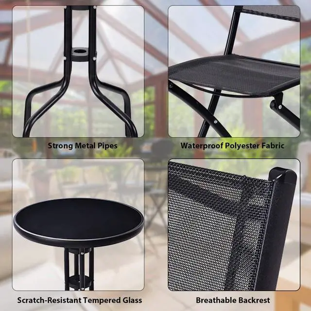 Alt view image 7 of 7 - Giantex 3 Pcs Bistro Set Garden Backyard Round Table Folding Chairs, with Rust-Proof Steel Frames & Reinforced Glass Design Outdoor Patio Furniture, Black