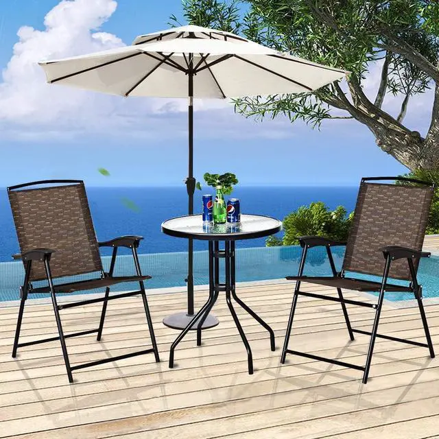 Alt view image 3 of 7 - Goplus Patio Bistro Set, 3-Piece Patio Dining Furniture Set with Round Tempered Glass Table, 2 Foldable Chairs, Small Outdoor Folding Chairs & Table Set for Porch Garden Pool Yard