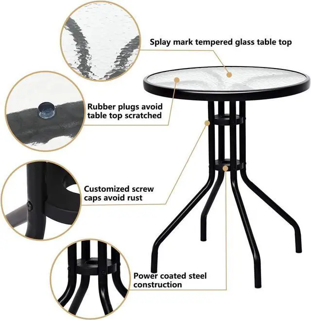 Alt view image 5 of 7 - Goplus Patio Bistro Set, 3-Piece Patio Dining Furniture Set with Round Tempered Glass Table, 2 Foldable Chairs, Small Outdoor Folding Chairs & Table Set for Porch Garden Pool Yard
