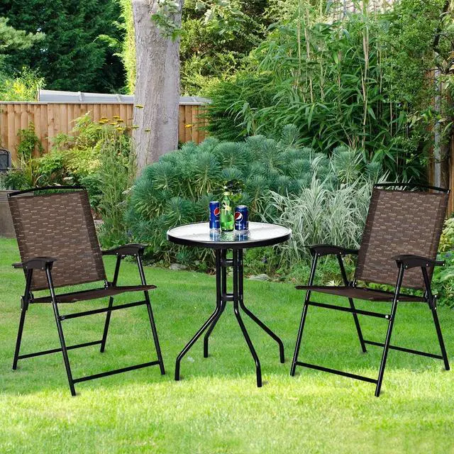 Alt view image 2 of 7 - Goplus Patio Bistro Set, 3-Piece Patio Dining Furniture Set with Round Tempered Glass Table, 2 Foldable Chairs, Small Outdoor Folding Chairs & Table Set for Porch Garden Pool Yard