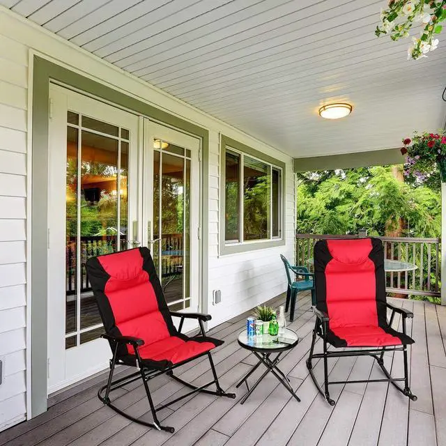 Alt view image 2 of 7 - Giantex 3 PCS Folding Bistro Set Outdoor Patio Rocking Chairs Round Table Set 2 Rocking Chairs w/Glass Coffee Table for Yard, Patio, Deck, Backyard Padded Seat (Red & Black)