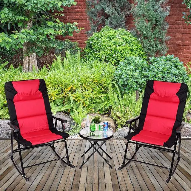 Alt view image 3 of 7 - Giantex 3 PCS Folding Bistro Set Outdoor Patio Rocking Chairs Round Table Set 2 Rocking Chairs w/Glass Coffee Table for Yard, Patio, Deck, Backyard Padded Seat (Red & Black)