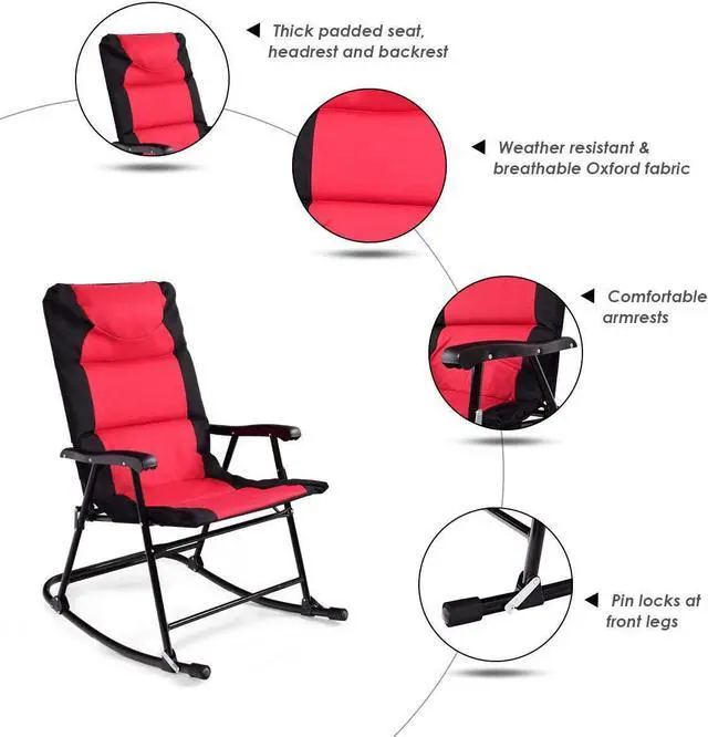 Alt view image 4 of 7 - Giantex 3 PCS Folding Bistro Set Outdoor Patio Rocking Chairs Round Table Set 2 Rocking Chairs w/Glass Coffee Table for Yard, Patio, Deck, Backyard Padded Seat (Red & Black)