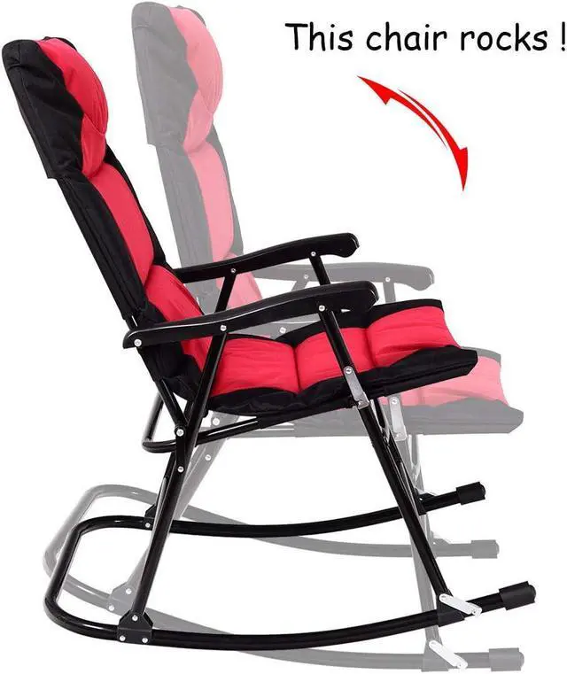 Alt view image 6 of 7 - Giantex 3 PCS Folding Bistro Set Outdoor Patio Rocking Chairs Round Table Set 2 Rocking Chairs w/Glass Coffee Table for Yard, Patio, Deck, Backyard Padded Seat (Red & Black)