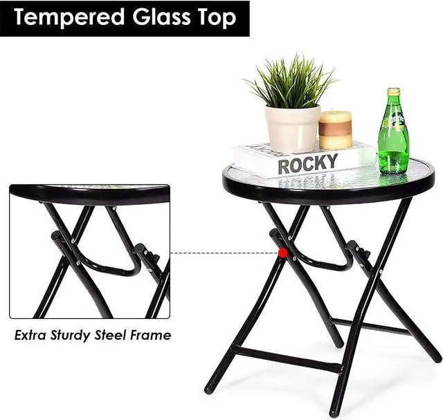 Alt view image 7 of 7 - Giantex 3 PCS Folding Bistro Set Outdoor Patio Rocking Chairs Round Table Set 2 Rocking Chairs w/Glass Coffee Table for Yard, Patio, Deck, Backyard Padded Seat (Red & Black)